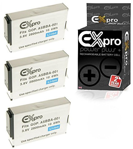 Ex-Pro ASBBA-001, Ultra High Capacity 2800mAh 2 Year Warranty Replacment Lithium Li-on Digital Camera Battery for Compatible with/for GoPro Hero Fusion - [3 PACK]