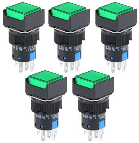 Sourcingmap - 5 interruptores momentáneos de 16 mm, luz LED verde, botón cuadrado 1 No 1 luz NC 220 V