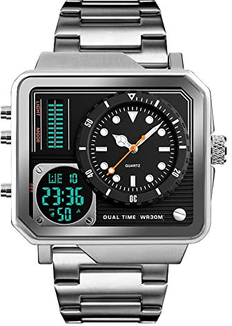 FeiWen Herren Fashion Herrenuhr Analog Quarz Digital Sport Casual Uhren Eckig Edelstahl Wählen Analog Quarz LED Doppel Zeit Multifunktional Armbanduhren mit Edelstahlband (Silber)
