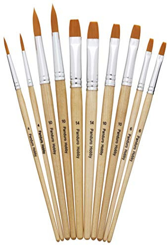 Panduro Pinselset Basic mit Holzgriff - 10er Set - rund, dünn und flach Kunst Pinseln für Aquarell, Acryl & Ölfarben