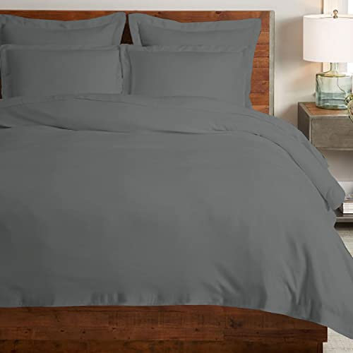 Pizuna Coton peigné Ensemble de Housse de Couette 260x220 cm 2 Personnes Gris foncé, 100% Coton Longue Tige 400 Fils Armure Satin, Housse de Couette de Luxe avec Fermeture à Boutons Gris foncé