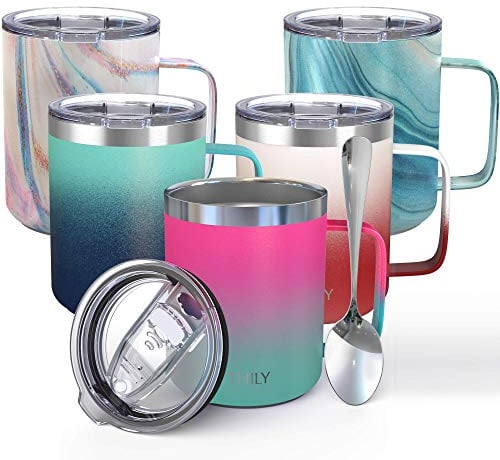 THILY Stainless Steel Insulated Travel Mug 350 ml Vacuum Insulated Coffee Cup with Handle, Spill-Proof Lid, Keep Coffee Cold or Hot, Ombre: Pink & Green