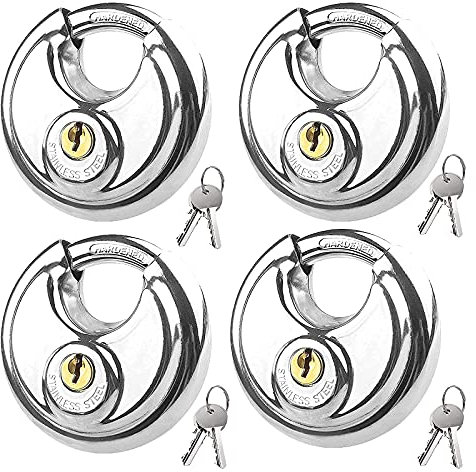 SHANQIAN 4PCS Cadenas Rond, 70MM Cadenas Clé Unique en Acier Inoxydable avec 8 Clé, Cadenas Remorque Résistant Intempéries Noyau de Verrouillage en Cuivre Pur, Cadenas Clé pour Vélo, Porte d'entrepôt