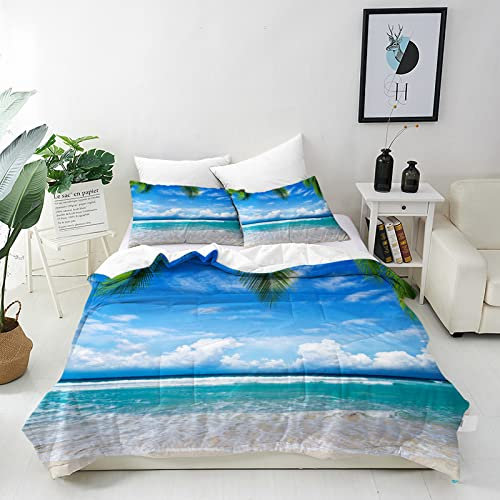 ANHOPE Strand Bettwäsche Set 3 Teilig Tropisch Ozean Palme Bettbezug 135x200 cm + 2 Kissenbezug 50x70 cm Weich Microfaser Bettbezüge mit Reißverschluss Ganzjahres Bettdeckenbezug Set