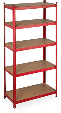 Relaxdays Schwerlastregal, Traglast: 875 kg, 5 Ebenen, HBT: 180 x 90 x 40 cm, Kellerregal zum Stecken, Stahl & MDF, rot