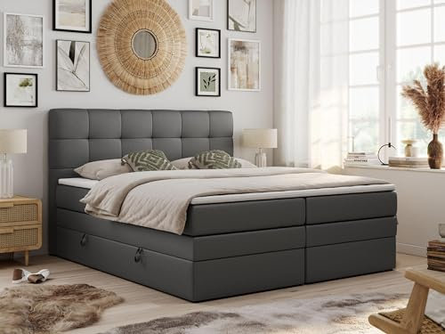 MKS MEBLE King Boxspringbett 140x200 cm, Polsterbett mit 2 Bettkästen, Bett mit Multipocket-Matratze H4, inkl. Topper T25, Kopfteil - Luka - Dunkelgrau Kunstleder