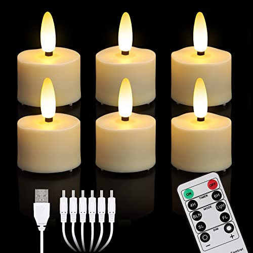 yunsheng 6 Stück Wiederaufladbare LED Teelichter, Flammenlose Kerzen mit Timer-Fernbedienung und 6 Anschlüsse USB-Ladekabel, Warmweißes Flackernde Licht, Halloween Weihnachten Hause Hochzeit Deko