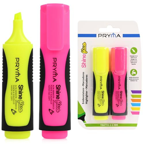 Pryma Evidenziatore Shine Punta Scalpello 2/5 mm - Set 2 Pezzi (Giallo + Rosa Fluo) con Impugnatura Soft Touch - Ideale per Testi Stampati e Appunti