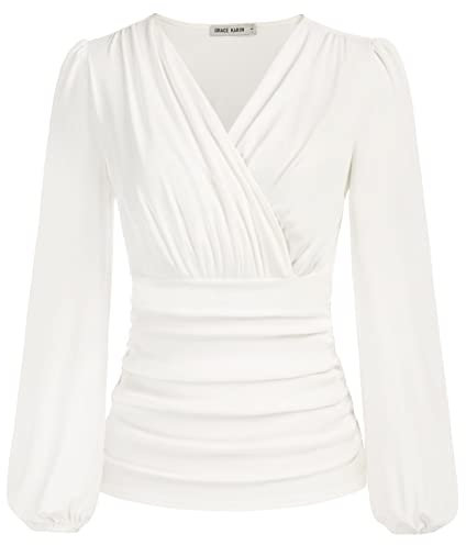 GRACE KARIN Damen Langarm V-Ausschnitt Einfarbig Top Slim Fit Plissee-Tops Tunika Blusen CL1341A22-04_00L