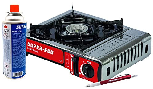 Cocina portátil de gas butano SUPER-EGO para camping. Incluye hornillo de gas, maletín de transporte, un cartucho de butano BTN 250 y boli destornillador de regalo. Adaptada a la nueva norma EN-17476