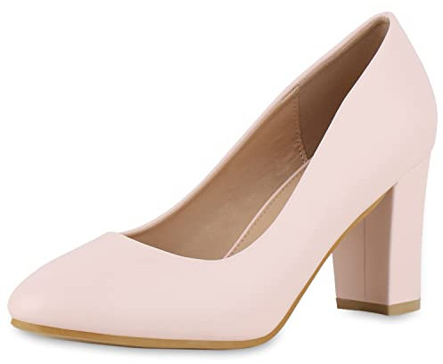 VAN HILL Damen Klassische Pumps Blockabsatz Schuhe Leder-Optik Absatzschuhe Elegante Freizeit Abendschuhe 212326 Rosa Basic 36