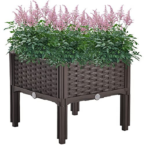 Mingone Blumenkübel Rattan Optik Blumenkasten mit Rankgitter Hochbeet mit Spalier Rankkasten mit Selbstbewässerung für Gärten Hof Balkon(Braun 40x40x38cm)