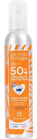 LES PETITS PRODIGES Creme Solaire SPF 50+ Visage & Corps - Invisible - Haute Protection UVA, UVB - Hydratant & Apaisant - Senteur Monoï - Flacon Aluminium Recyclable - Fabriquée en France - 100ml