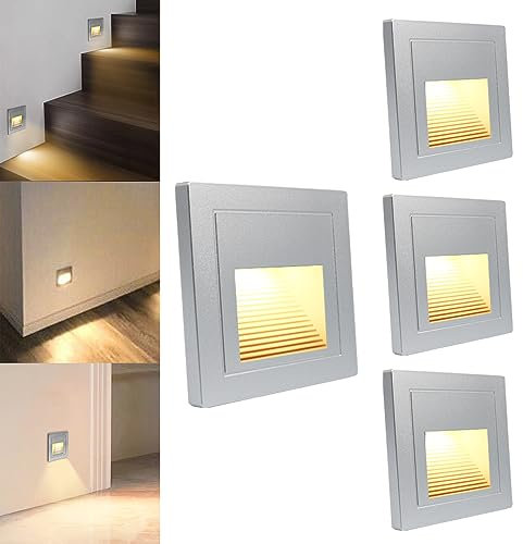 Arotelicht 4er LED Treppenlicht Treppenbeleuchtung für innen Wandeinbauleuchte Treppenleuchte Silber Warmweiß für 60mm Schalterdosen Stufenlicht Beleuchtung, 85 x 85mm, eckig für Treppen