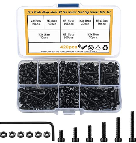 420 Stk M3 Innensechskantschrauben und Muttern Set, Kohlenstoffstahl Sechskantschrauben Innensechskant mit Muttern, Maschinenschrauben Sortiment Kit mit a Aufbewahrungsbox