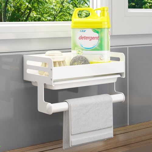FOXWHALE Spülbecken Organizer für Küche, Haken Waschbecken Organizer Wand Hängend Ohne Bohren Selbstklebend Badezimmer Spüle Organizer für Küchenzubehör Schwamm/Bürste/Spülseife (Weiß)