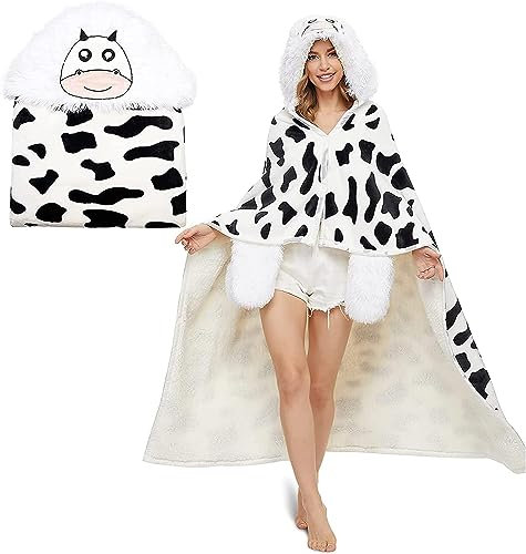 SASIGAYA Tragbare Decke mit Ärmeln und Kapuze Flanell Weiß Milchkuh Geschenke für Frauen Sofadecke Flauschig Kuscheldecke Sherpa Ärmeldecke TV-Decke Fleecedecke Weich Wohndecke Winterdecke 152×125cm