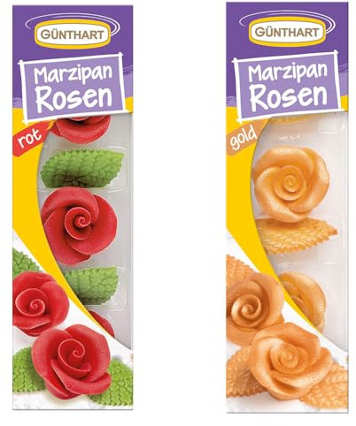 Günthart BackDecor 6 Marzipan Rosen SET in Gold und Rot mit Blättern aus Marzipan, jeweils 3 Rosen und Blätter, 2er Pack (1 x 66 gr)