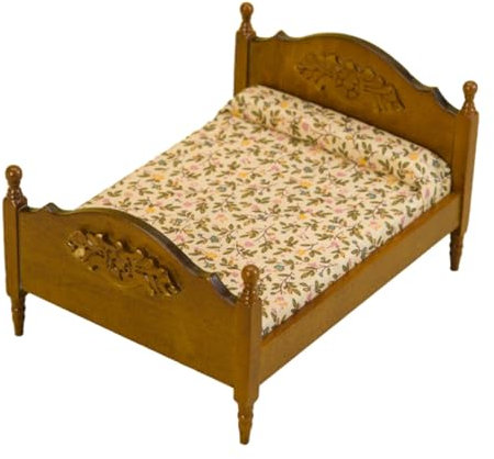 MagiDeal 1:12 Europäisches Doppelbett-Modell, Miniatur-Holzbett, DIY-Szenenmodell, 1/12 Miniatur-Schlafzimmermöbel für die Schlafzimmer Dekoration