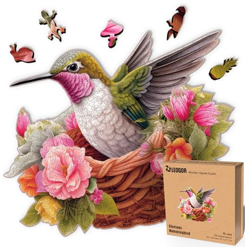 LEOGOR Holzpuzzle Erwachsene 500 Teile (53,7 × 45 cm), Kolibri Puzzle, extra Dickes 5 mm Holz, farbenfrohes Vogel-Tierpuzzle mit einzigartigen Tierformen, entspannendes Geschenk für Puzzle-Liebhaber