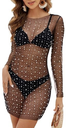 Bsubseach Women’s Sheer Swimsuit Cover Up Pearl Rhinestone Mesh Dress See Through Beach Shirt Black L