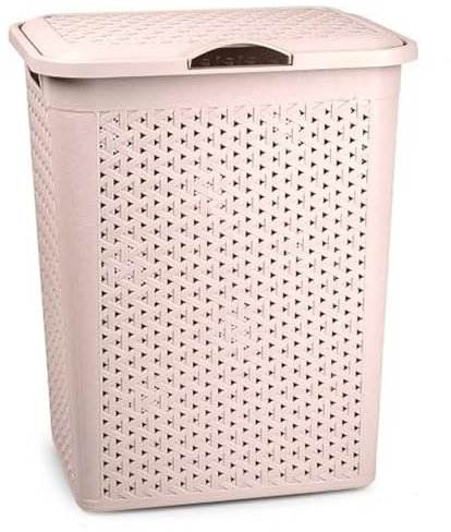 AC - Cesto para Ropa Sucia con Tapa y Asas - Plástico - Fabricado en España - Cubo pongotodo para Colada - Diseño imitación Mimbre - 38 litros - 49 x 38,5 x 29,5 cm - Beige