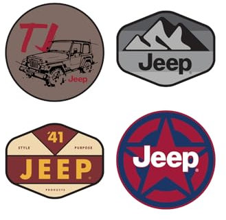Jeep Wrangler TJ, Oscar Mike, montagne in scala di grigi e prodotti Style Purpose Products Since 1941, adesivi in vinile di alta qualità, confezione da 4