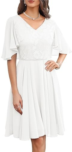 Damen Ballkleider A-Linien-Silhouette Kurzarm mit Fledermaus Abendkleid Chiffon Knielang mit Faltensaum Elegant Leicht für Hochzeit Weiß 46