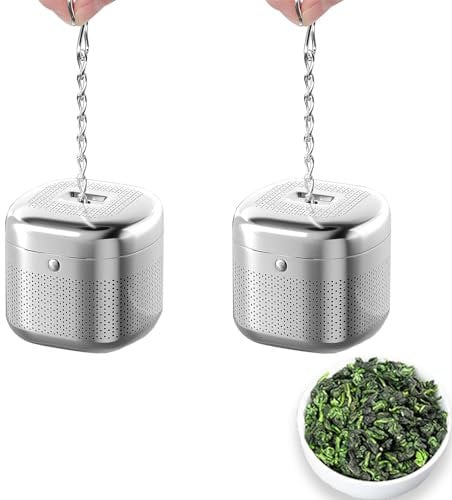 Roucerlin 2 Pack Square Tea Infuser Steeper for Loose Leaf Tea, 304 Stainless Steel Tea Strainer with Chain Hook & Lid, Fine Mesh Tea Diffuser, Tea Filter Holder for Cup Teapot Spices