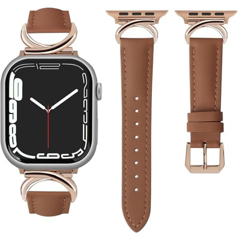 mxiixnai Correa para Apple Watch, Correa de Cuero Compatible con 38mm 40mm 41mm 42mm, Apple Watch Band para iWatch Series 10 9 8 7 6 5 4 3 2 1 SE,Marrón Claro/Oro Rosa