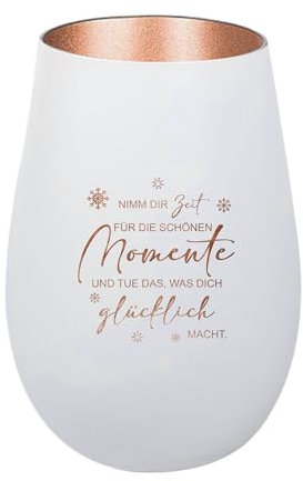 Der-Porzellan-Laden Windlicht mit Gravur Nimm dir Zeit für die schönen Momente, Weiß Bronze, Teelichthalter aus Glas mit Spruch, Tischdeko modern