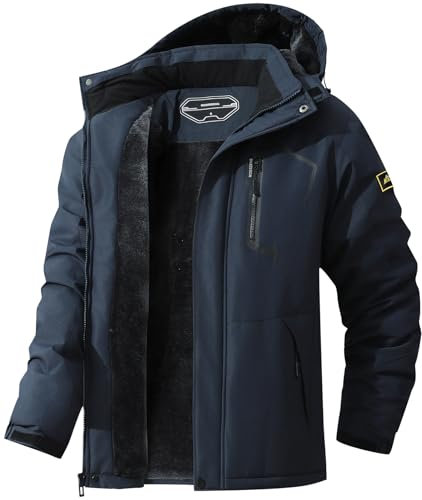 MAOYSSEN Herren Skijacke Warm Winter Schnee Mantel Wasserdicht Berg Windbreaker Snowboardjacke Kapuze für Wandern Reisen, Dunkelblau, L