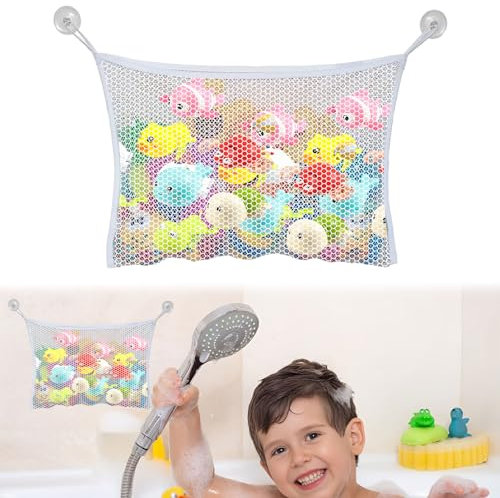 Bath Toy Storage Organiser,1PCS Bath Net for Toys,Fold-Able Bath Toy Storage Net,Bath Toy Net,Bath Toy Holder,Bath Toy Tidy with 2 Suction Cups for Mesh Bath,Keep Bathtub Water Mold Free,Transparent