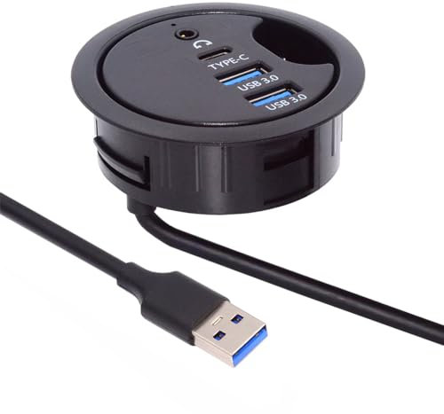 Cablecc Hub USB 3.0 à 2 ports USB 3.0 - Répartiteur USB USB-C - 60 mm - Œillet de bureau - Station d'accueil - Microphone - Interface audio pour ordinateur de bureau (USB 3.0 + 3,5 mm + Type-C)