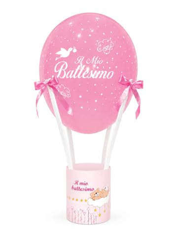 Mongolfiera Decorativa Battesimo Azzurro o Rosa, Allestimento Tavola, Grande (12x12x35cm) Piccola (10x10X25cm) Palloncino Incluso (Grande Rosa)