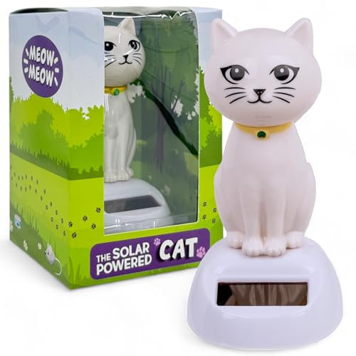 MIJOMA Solarbetriebene Wackelfigur - Bewegliche Figur mit Solarzelle, Kunststoff, 10 cm hoch, Keine Batterien notwendig, Für Fensterbretter, Autos & sonnige Plätze (Katze weiß)