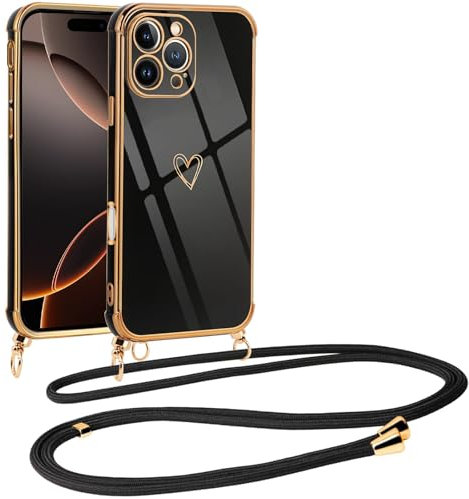 Vauki Coque pour iPhone 16 Pro avec Cordon de Collier, Galvanisé Etui Housse avec Motif Coeur d'amour, Antichoc Anti-Rayures Case avec Bandoulière pour iPhone 16 Pro 6.3, Noir