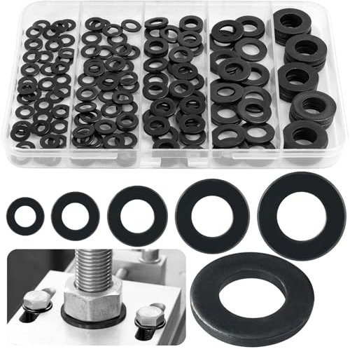 Celepoir 150 Piezas Arandelas Acero al Carbono Set, M4 M5 M6 M8 M10 Arandela Surtido Variado, Arandela Plana Negra, Acero al Carbono Sellado Arandelas para Bisagras de Puertas, Reparacion Doméstica
