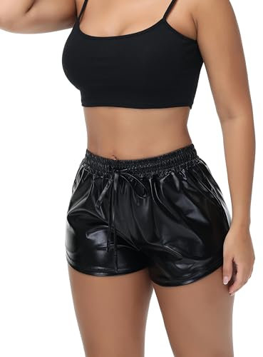 NewL Glänzende metallische sexy Damen-Shorts, hohe Taille, reflektierende Hose, glitzerndes Outfit, elastische Taille, Rave, Tanzparty, Schwarz, M