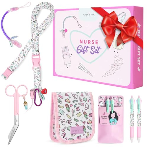 Nurse Is Love Regali Personalizzati Set 5 Pz. | Porta Badge da Collo + Forbici Infermiere + Tasca Infermieri Organizer + Porta Penne da Tasca con 2 Penne Personalizzate + Porta Forbici Retrattile