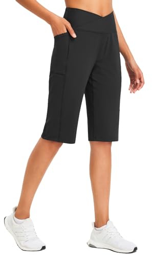 baleaf Damen Bermuda Shorts Capri Yogahose mit Taschen | Weite Bein Straighthose Hohe Taille Loose Lounge Activewear Hosen Casual Sommer