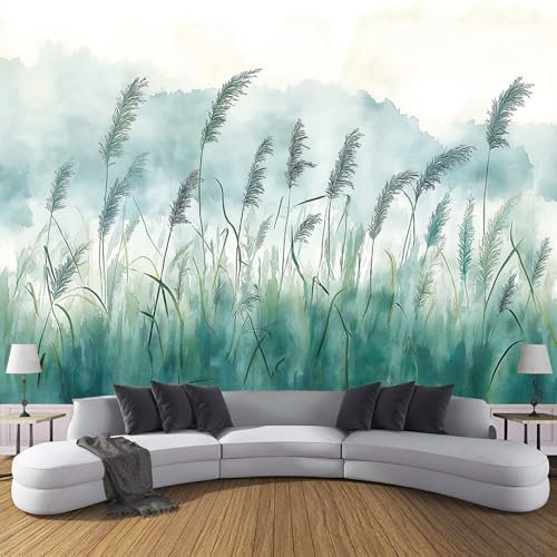 Fototapete 450X315Cm (B×H), Tapete Aquarell 3D Effekt, Blaugrün Langes Gras Wandbild Wandtapete Hauptdekorationen Für Wohnzimmer Schlafzimmer, Uv-Beständig Seidenstoff Tapete