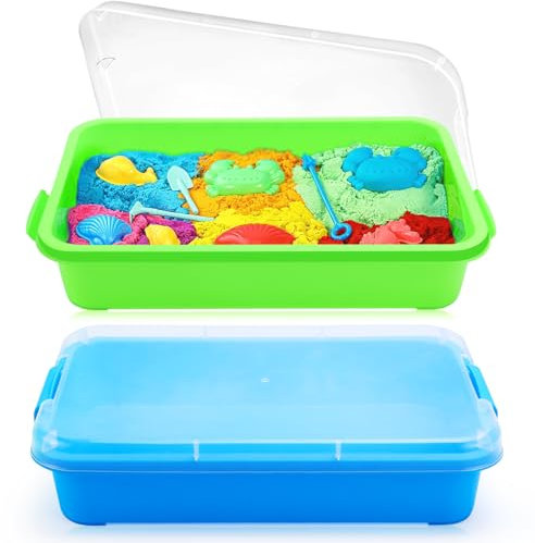QGGTQG Sandpit with Lid, Sensory Bin with Lid for Children, Plastic Tray, Sandpit Cover, Sensory Sandbox Container for Water, Sand, Beads and More (Green and Blue)