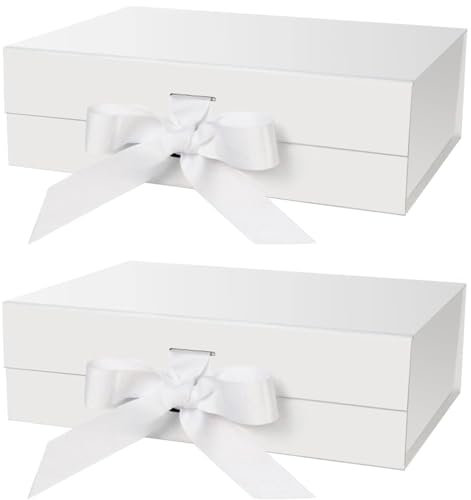 KAHEIGN 2Pcs Magnetic Gift Boxes with Lids, 31CM x 22CM x 10CM White Paper Gift Box Bridesmaid Proposal Box with Ribbon for Wedding Birthday Christmas Valentines Party Packaging Present