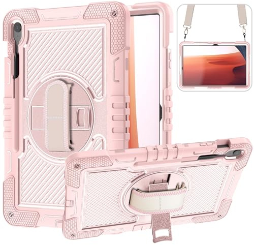 XLTTONG Case for Samsung Galaxy Tab S10 FE+ 13.1 inch, Heavy Duty Shockproof, 360° Rotating Stand/Hand Strap/Pencil Holder for Galaxy Tab S10 FE Plus Cover (Rose Gold)
