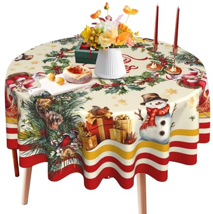 FILOEEX Rund Weihnachtstischdecken,Schneemann Weihnachten Tischwäsche,152cm Tischdecke Weihnachten Rund,Wasserfeste Tischdecke für Weihnachtsfeiern Heimdekoration