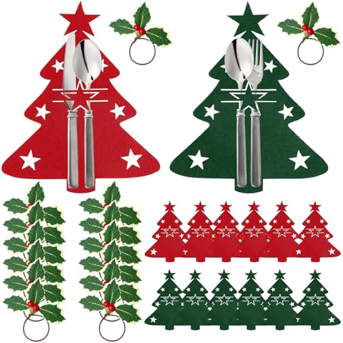 BrKern Weihnachtsbaum-Geschirr, Besteckhalter Weihnachten für Weihnachtsfeiern, Festliche Abendessen, Rot/Grün