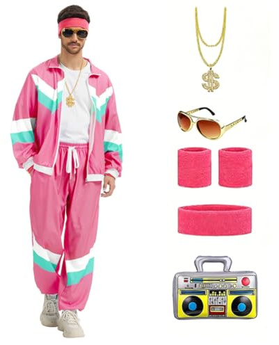 CNVAUIE 80er 90er Jahre Outfit Herren Damen Retro Trainingsanzug,Disco Ganzkörperanzug Hip Hop Sportanzug Set,Jogginganzüge,Streetwear Trainingsanzug Kostüm, Faschingskostüme (Rosenrot, L)