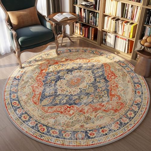 Surwin Bürostuhl Unterlage Teppich Rund, Bodenschutzmatte Bürostuhl für Hartböden Parkett Laminat, Ethnisch Stil rutschfest Bodenmatte Stuhlunterlage Bürostuhlunterlage (Vintage Stil,120cm)