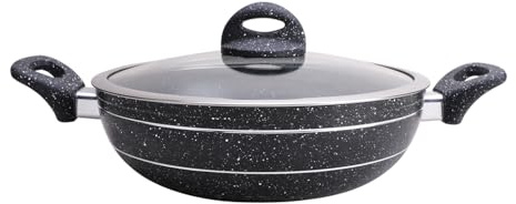 Royalford Wok Pan 26Cm | Induction Safe Frying Pan with Tempered Glass Lid | Forged Aluminium Cookware with 5-Layer Non-Stick Granite Coating Cooking Pot | PFOA Free Dishwasher Safe | Terranox Series